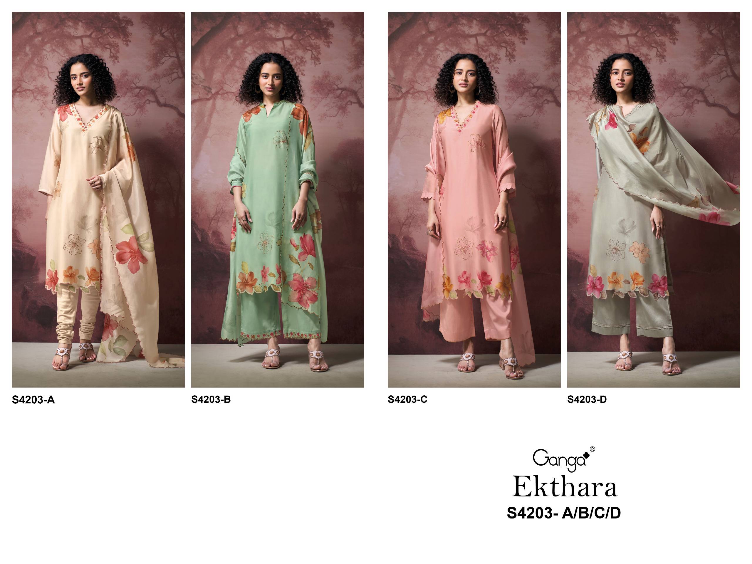 EKTHARA 4203 Series By GANGA FASHION Stylish Beautiful Colourful PURE BEMBERG SILK Dresses At Wholesale Price